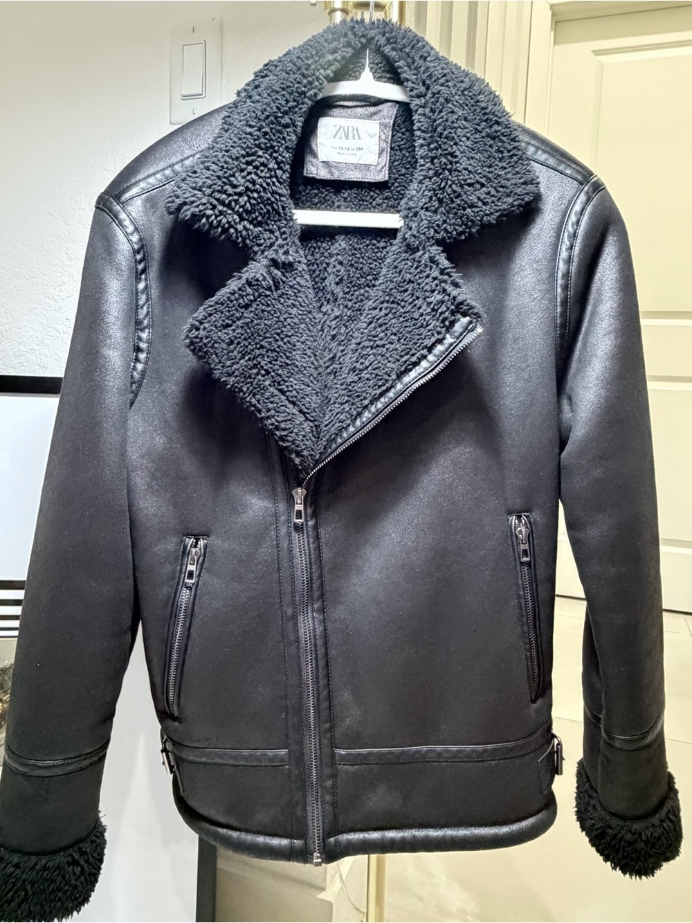 Zara Faux Leather Shearling Aviator Biker Jacket Black Size 13-14 Petite S